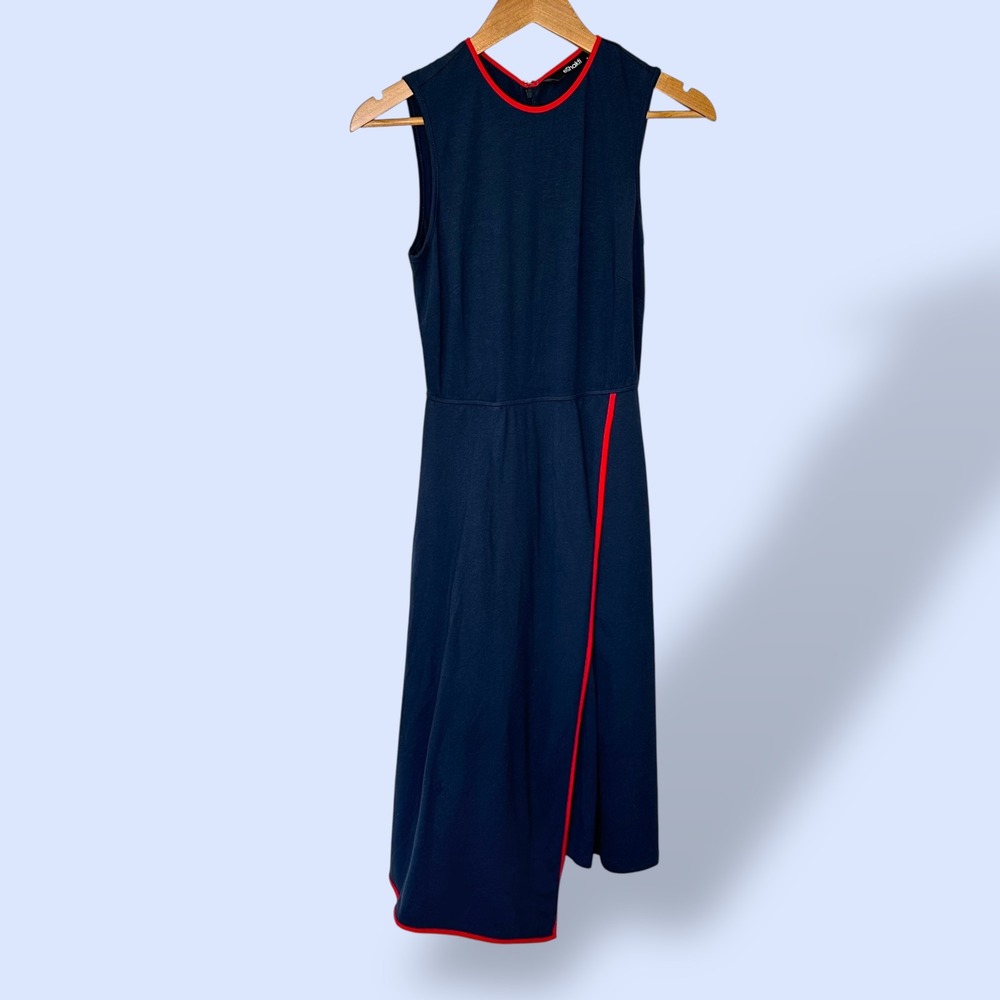 Women's Navy Blue Dress Sleeveless Asymmetric Hem Red Trim Pockets Size 0‎